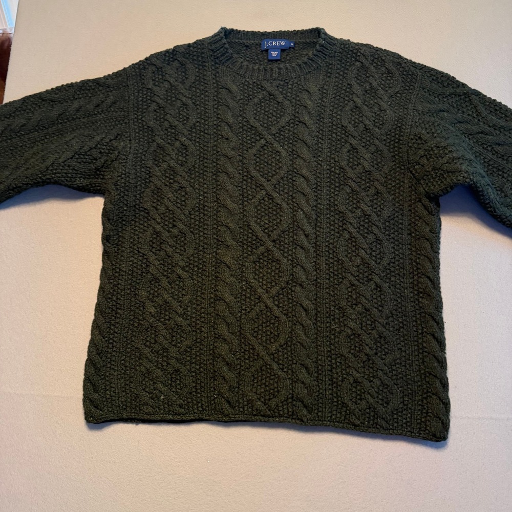Vintage J.Crew Cable Knit Wool Crewneck Sweater Forest Green Preppy Women Size M
